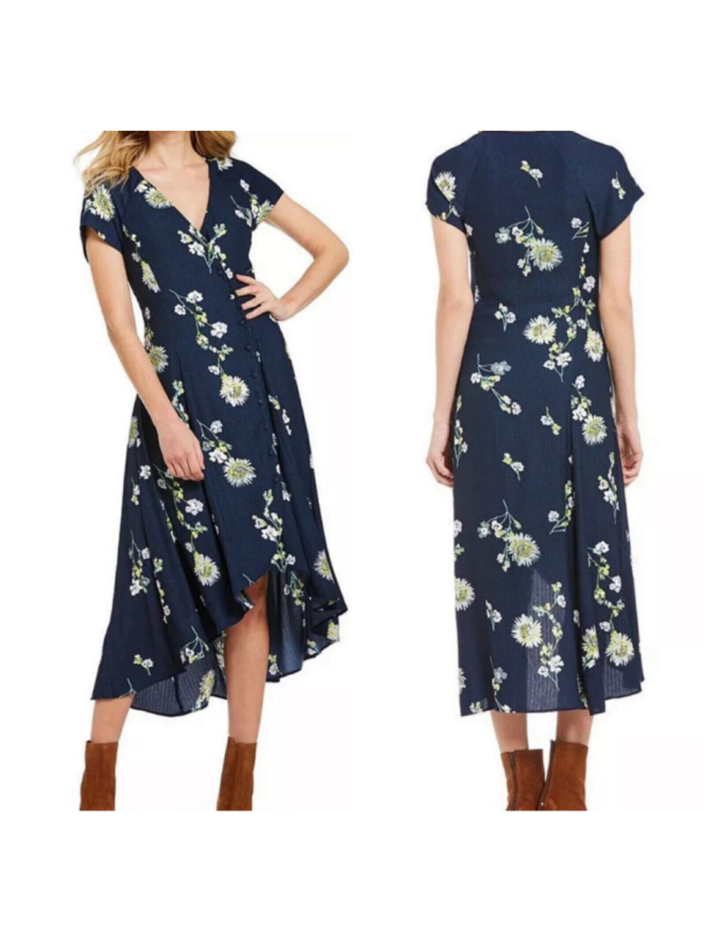 Free People Lost In You Floral High Low Midi Dress Navy Boho Large
